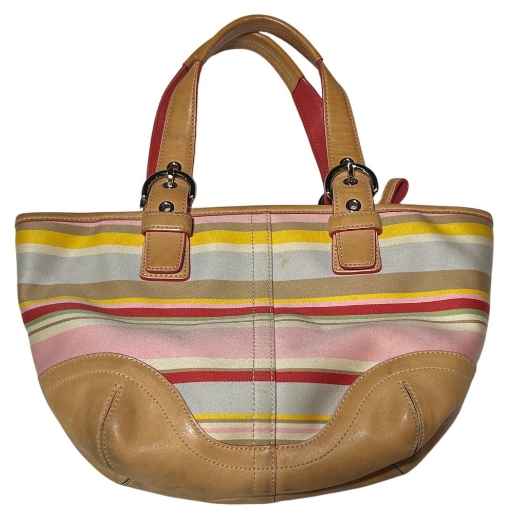 Coach Hampton Daisy Stripe Mini Multi Color Stripe Canvas Leather Tote Bag 4434